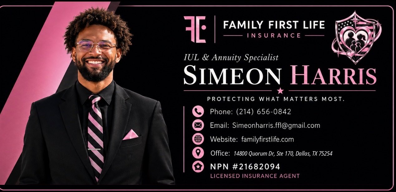 Simeon Harris’s business card: Licensed Insurance Agent, Family First Life. Phone (214) 656-0842, email Simeonharris.ffl@gmail.com, website familyfirstlife.com, office 14800 Quorum Dr, Ste 170, Dallas, TX 75254, NPN #21682094.